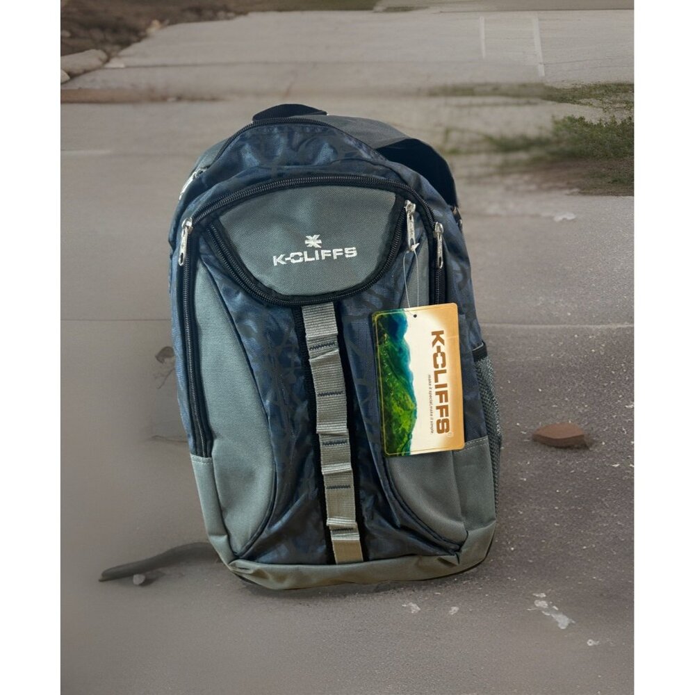 K-Cliffs Backpack Grey and Blue Multi Pockets 18” Book Bag Hiking Outdoor travel